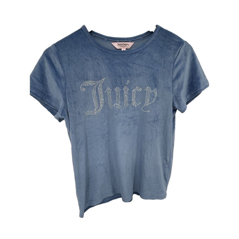 Juicy Couture Velour Tee Rhinestone Logo Light Blue Y2K Fitted M glam baby tee
